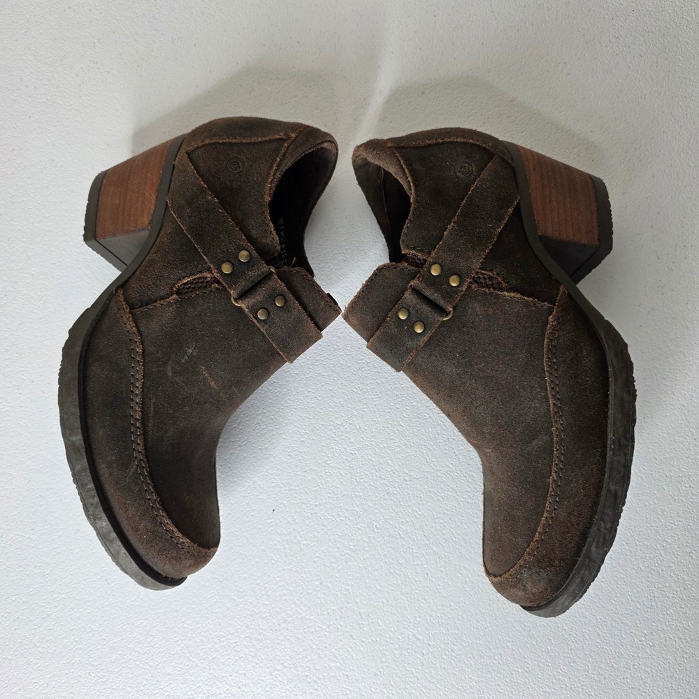 Born Ankle Booties Womens 7.5 Brown Suede Leather Block Heel Buckle Western Boho - Picture 4 of 9